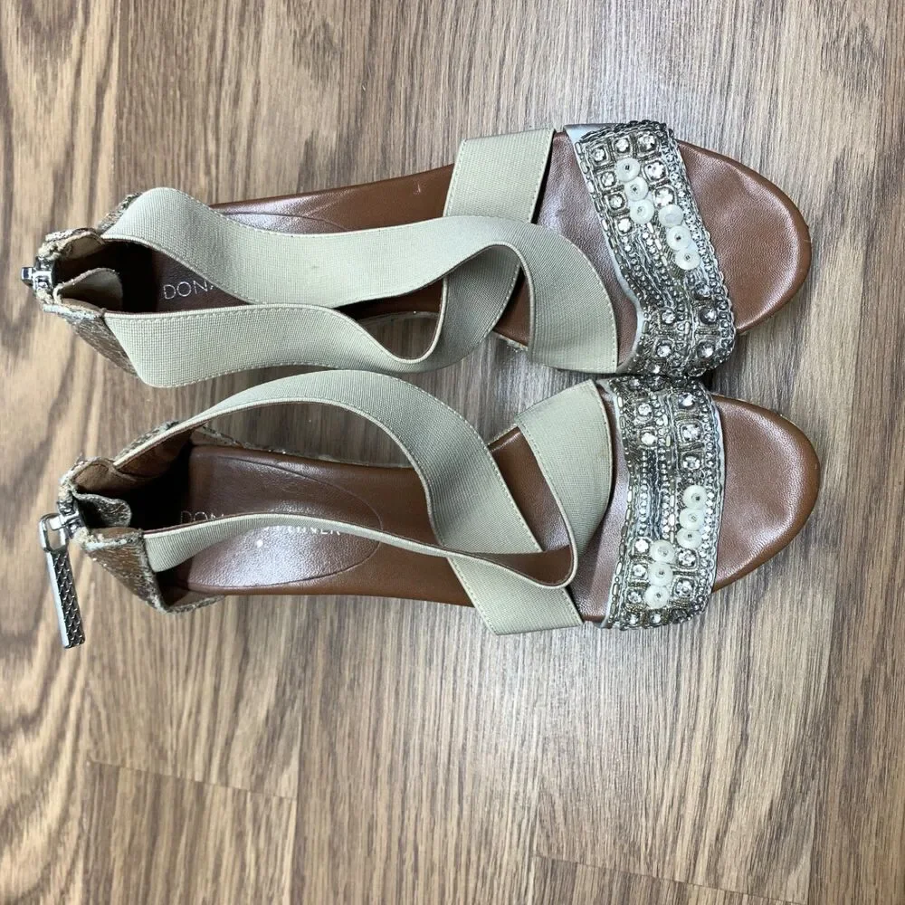 Donald Pliner Espadrille‎ Wedge Shoes 6.5 M Ankle Strap Sandals Beige Sequin
